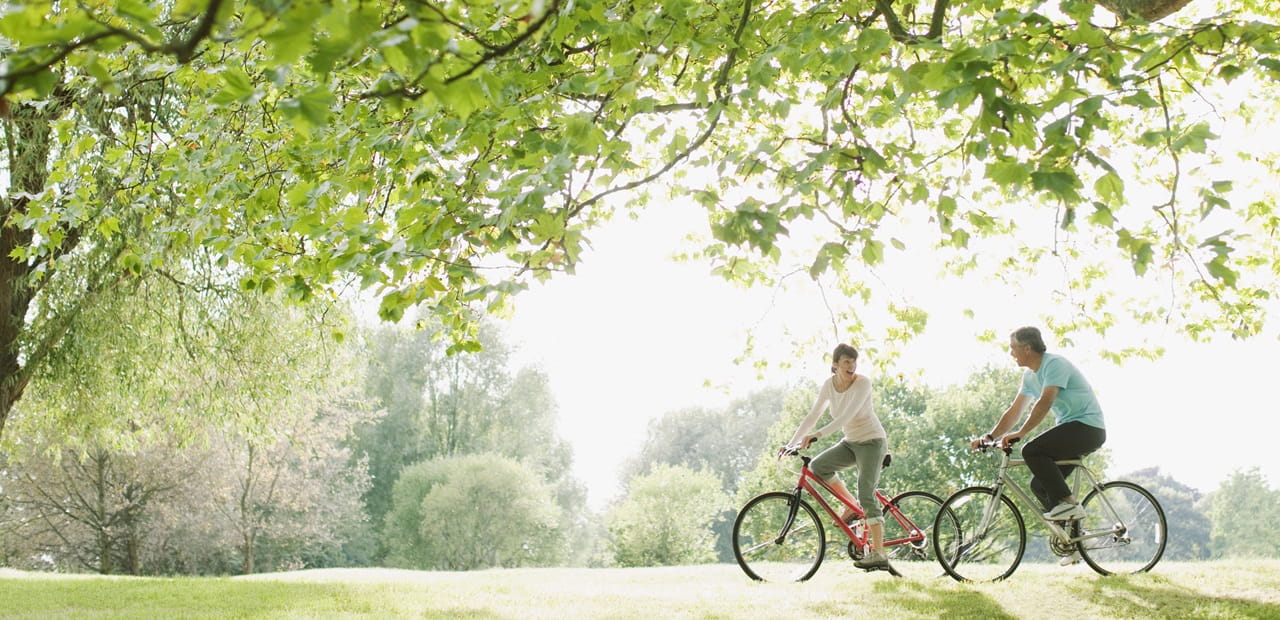 Mature couple riding bicycles in a park.