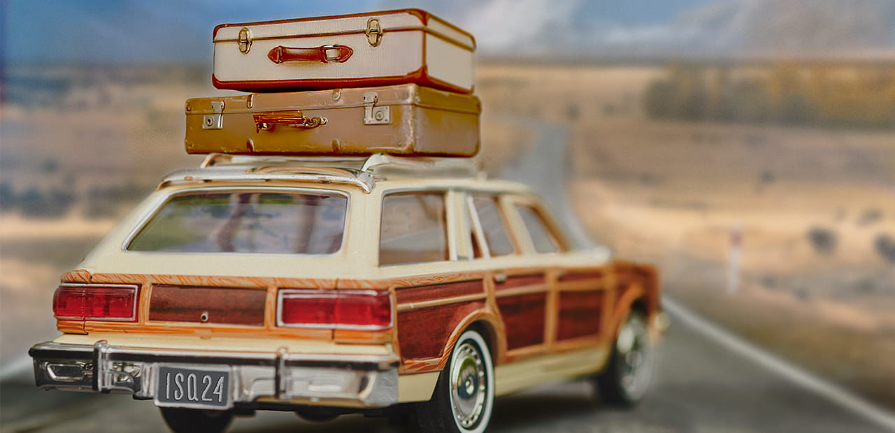 Station wagon parked sideways on a highway road, with mountains in the distance